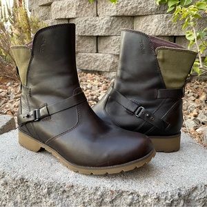 Teva Zip Boots Dark Brown Leather with Olive Green Fabric Accents 8.5
